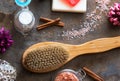 Spa and Wellness - Bath brush, Towel, Sea salt and Homemade soap Royalty Free Stock Photo