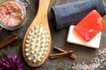 Spa and Wellness - Bath brush, Towel, Sea salt and Homemade soap Royalty Free Stock Photo