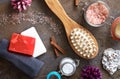 Spa and Wellness - Bath brush, Towel, Sea salt and Homemade soap Royalty Free Stock Photo