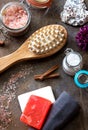 Spa and Wellness - Bath brush, Towel, Sea salt and Homemade soap Royalty Free Stock Photo