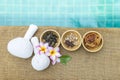 Spa and wellness concept background, handmade Thai herbs massage ball with spices in wooden bowl