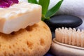 Spa Wellness Concept. Foam Sea Sponge, Almond Goat`s milk Soap, Natural Bristle Wooden Brush, Basalt Stones, Bamboo and Orchid