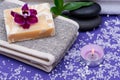 Spa Wellness Concept. Natural Back Scrubber,Goat`s milk Soap, Basalt Stones, Orchid Flower, Bamboo and Lavender Tea Light Candle Royalty Free Stock Photo