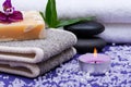 Spa Wellness Concept. Natural Back Scrubber,Goat`s milk Soap, Basalt Stones, Orchid Flower, Bamboo and Lavender Tea Light Candle Royalty Free Stock Photo