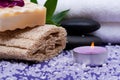 Spa Wellness Concept. Natural Loofah Sponge, Almond Goat milk Soap, Basalt Stones, Bamboo, Orchid and Lavender Tea Light Candle Royalty Free Stock Photo
