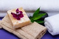 Spa Wellness Concept. Natural Loofah Sponge, Almond Goat`s milk Soap, White Towels, Basalt Stones, Bamboo and Orchid Flower Royalty Free Stock Photo