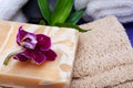 Spa Wellness Concept. Natural Loofah Sponge, Almond Goat`s milk Soap, White Towels, Basalt Stones, Bamboo and Orchid Flower Royalty Free Stock Photo