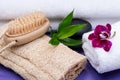 Spa Wellness Concept. Natural Loofah Sponge, Natural bristle Wooden Brush, White Towels, Basalt Stones, Bamboo and Orchid Flower