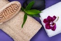 Spa Wellness Concept. Natural Loofah Sponge, Natural bristle Wooden Brush, White Towels, Basalt Stones, Bamboo and Orchid Flower Royalty Free Stock Photo