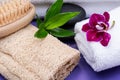 Spa Wellness Concept. Natural Loofah Sponge, Natural bristle Wooden Brush, White Towels, Basalt Stones, Bamboo and Orchid Flower Royalty Free Stock Photo
