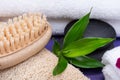 Spa Wellness Concept. Natural Loofah Sponge, Natural bristle Wooden Brush, White Towels, Basalt Stones, Bamboo and Orchid Flower Royalty Free Stock Photo