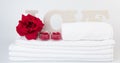 Spa wellness with red rose candles ,white towel and love text on white background