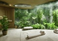 Spa and wellness room with massage and sauna surrounded by green plants