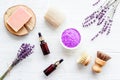 Spa and wellness set of lavender cosmetic pharmacy products Royalty Free Stock Photo