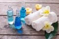 Spa wellness setting in blue, yellow and white colors. Royalty Free Stock Photo