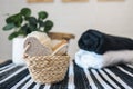 Spa wellness setting concept. Spa accessories on a white background. Towel, massage brush, pumice stone, washcloth, candle Royalty Free Stock Photo