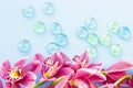 Spa and wellness setting with orchid flower, glass drops on wooden blue background closeup top view Royalty Free Stock Photo