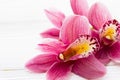 Spa and wellness setting with orchid flower, oil on wooden white background closeup top view Royalty Free Stock Photo