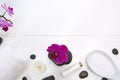 Spa setting with pink orchids, black stones and bath salts on white wood background. Royalty Free Stock Photo