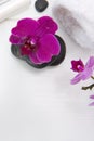 Spa or wellness setting with pink orchids ,towel and black stones. Royalty Free Stock Photo