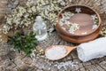 Spa and wellness setting with sea salt, oil essence, flowers and Royalty Free Stock Photo
