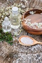 Spa and wellness setting with sea salt, oil essence, flowers and Royalty Free Stock Photo