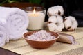 Bath salt, white towels and candle on wooden background spa still life stock photo images Royalty Free Stock Photo