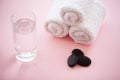 Spa. White Cotton Towels Use In Spa Bathroom on Pink Background. Towel Concept. Photo For Hotels and Massage Parlors Royalty Free Stock Photo