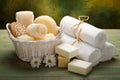 Spa - white towels, soap and massage accessory Royalty Free Stock Photo