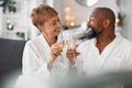 Spa, wine glass and couple toast for love celebration, self love and care together for anniversary holiday in luxury Royalty Free Stock Photo