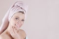 Spa Woman. Beautiful Girl After Bath Touching Her Face. Perfect Skin. Skincare. Young Skin. Royalty Free Stock Photo