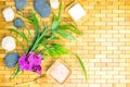 Spa, zen, massage concept. Bath salt, bamboo leaves, soap dish, spoon, white black stones, orchid Royalty Free Stock Photo