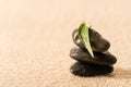 Spa zen stones with leaf on sand Royalty Free Stock Photo