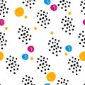 Modern hand drawn colorful abstract seamless pattern with geometrical shapes: circles, dots. Royalty Free Stock Photo