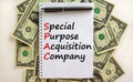 SPAC, special purpose acquisition company symbol. White note, words SPAC on beautiful white background, copy space. Pen, dollar