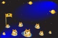 Doge to the moon, Dogecoin flag on the moon with gold and dark background, cryptocurrency market, doge coin meme, Vector illustrat