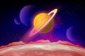 Planets in space with meteor satellites and asteroids in dark starry sky, earth, galaxy. Royalty Free Stock Photo