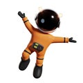 Cute cartoon astronaut in orange space suit is happy in zero gravity space 3d rendering, isolated on white background Royalty Free Stock Photo