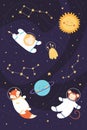 Space adventure of astronaut animals, cute explorers in helmet and spacesuit flying