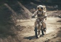 Space adventure. Astronaut in spacesuit walks on the moon on bicycle.