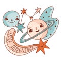 Space adventure banner, poster, card, sticker, print. Outline colorful doodles