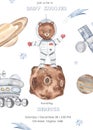 Watercolor baby shower Space adventure with bear astronaut, planet, moon rover, satellite