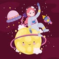 Space adventure cute cartoon astronaut shuttle planet ufo and moon