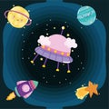 Space adventure explore ufo and planets cute cartoon