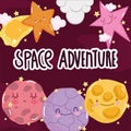 Space adventure galaxy planets sun star and clouds cute cartoon