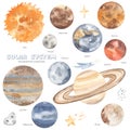 Watercolor set Space adventure with lpanets of the solar system, sun, saturn, jupiter, earth, mercury, venus, mars