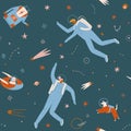 Space adventure pattern with boy, girl, dog and robot astronaut explore cosmos seamless pattern.