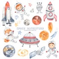 Watercolor set Space adventure with planets of the solar system, little astronauts, rocket, flying saucer, alien, shuttle, earth, Royalty Free Stock Photo