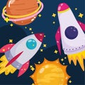 space adventure spaceships sun planet stars explore cartoon