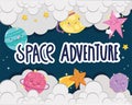 Space adventure sun planet star moon clouds sky cute cartoon Royalty Free Stock Photo